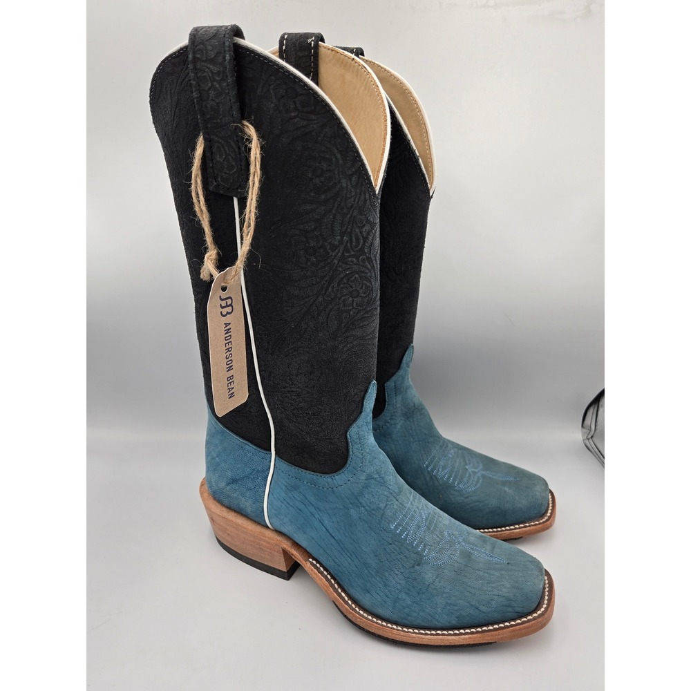 Anderson Bean Mens Cowboy Boots 9D Blue Black Leather Square Toe Western